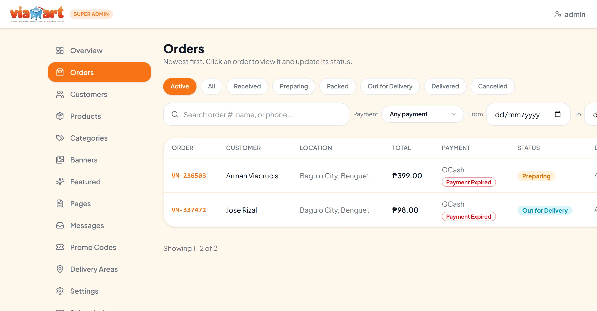 The admin Orders screen: a sidebar listing Orders, Customers, Products, Categories, Promo Codes and Delivery Areas, with status filters, a search box and a table of orders each showing its status.
