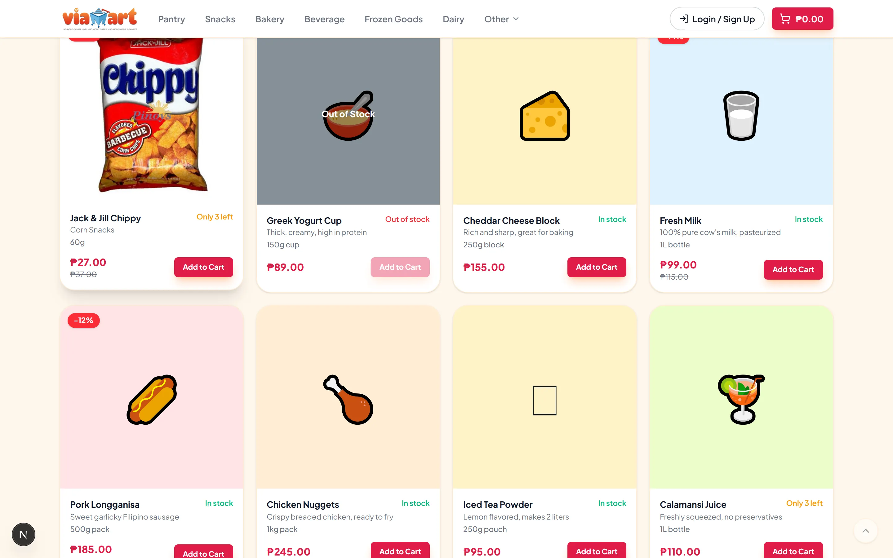 The same storefront product grid using the Rose brand colour, with square buttons.